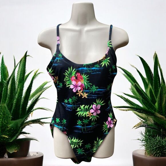Vintage Paradise Beach Tropical Swimsuit M One Piece Parrots Hibiscus Palm - Picture 1 of 10